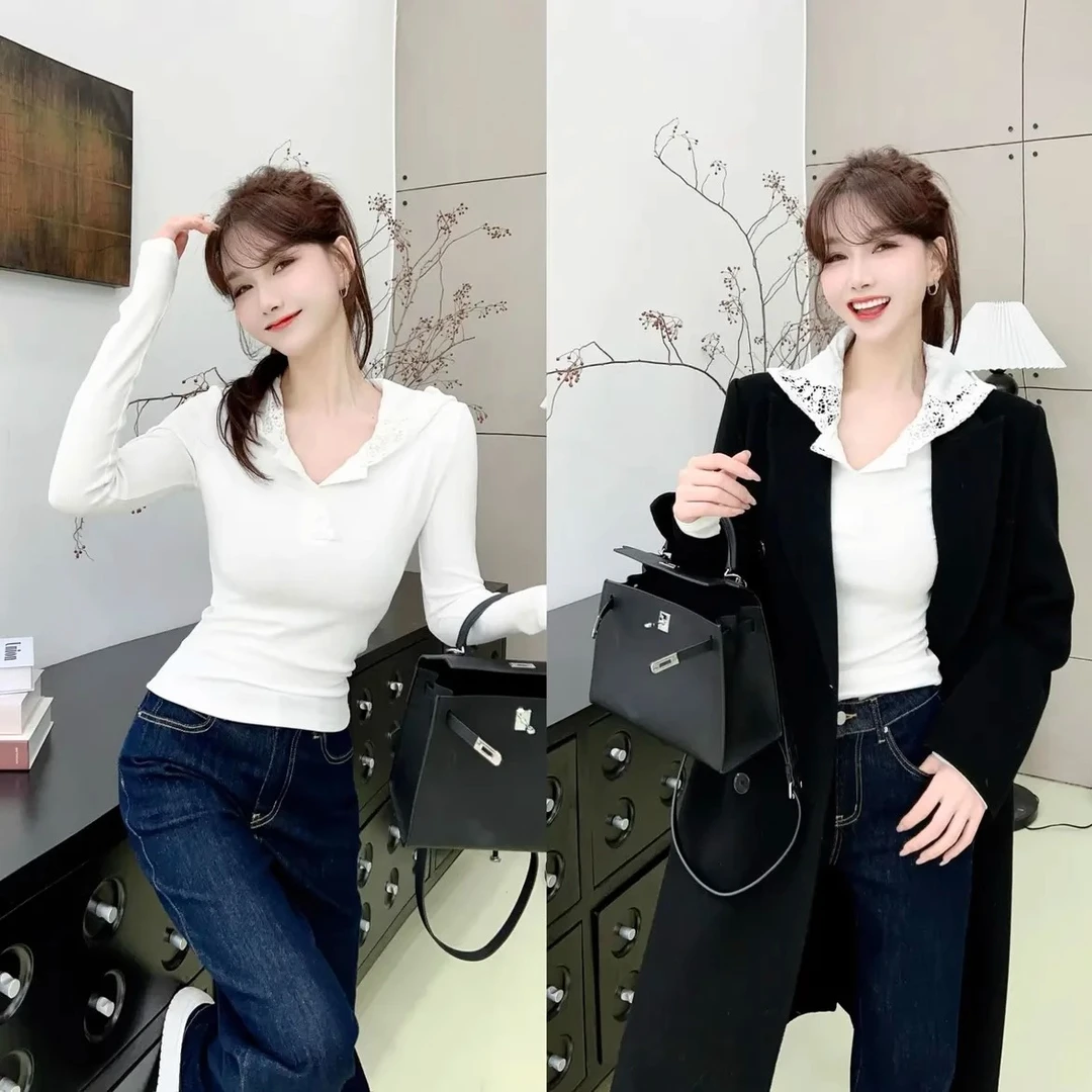 卡卡女装正品韩版简约刺绣蕾丝百搭内搭显瘦连帽上衣T恤女穿搭