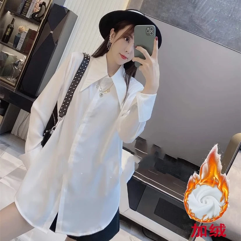 大尖领春秋冬装加绒内搭叠穿衬衫女加厚上衣宽松设计感中长款衬衣