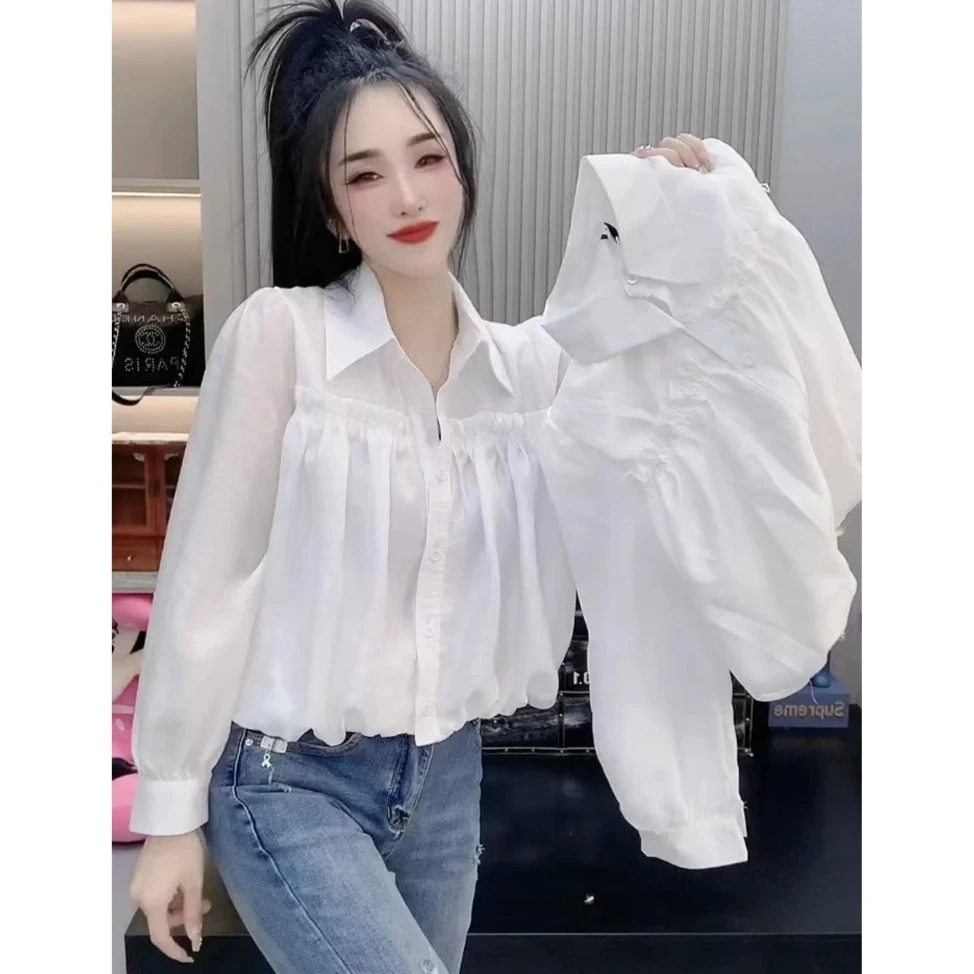 潮流Polo领拼接纯色长袖衬衫女2025年春季宽松木耳边休闲女上衣