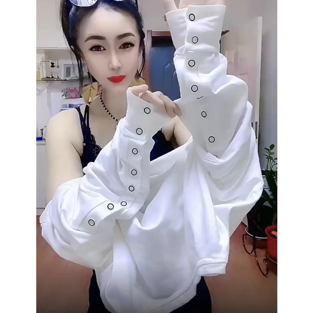 白色长袖t恤女春中长款纯棉宽松设计感小众纽扣美拉德穿搭打底衫
