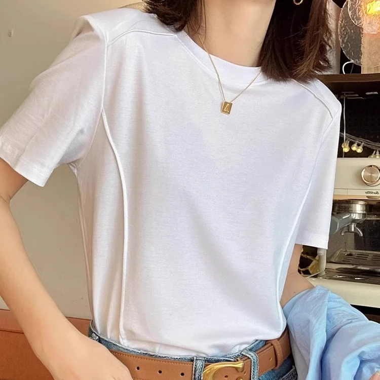 短袖高端面料冰丝舒适柔软亲肤打底衫女士夏季垫肩丝滑垂感T恤女