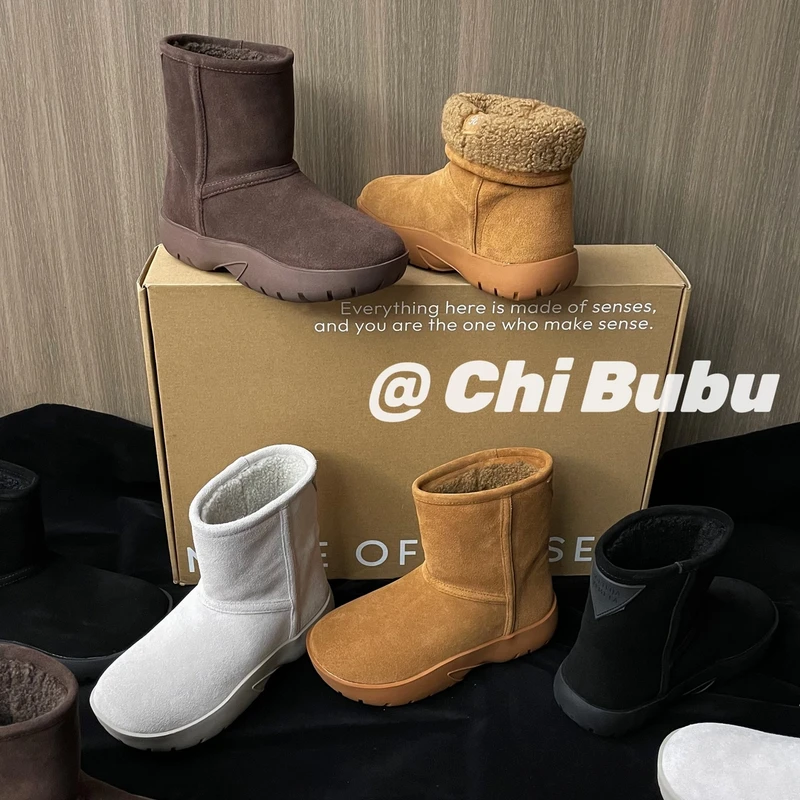 CHIBUBU【一靴两穿3.5】中筒一脚蹬冬季真皮保暖厚底百搭雪地靴加绒