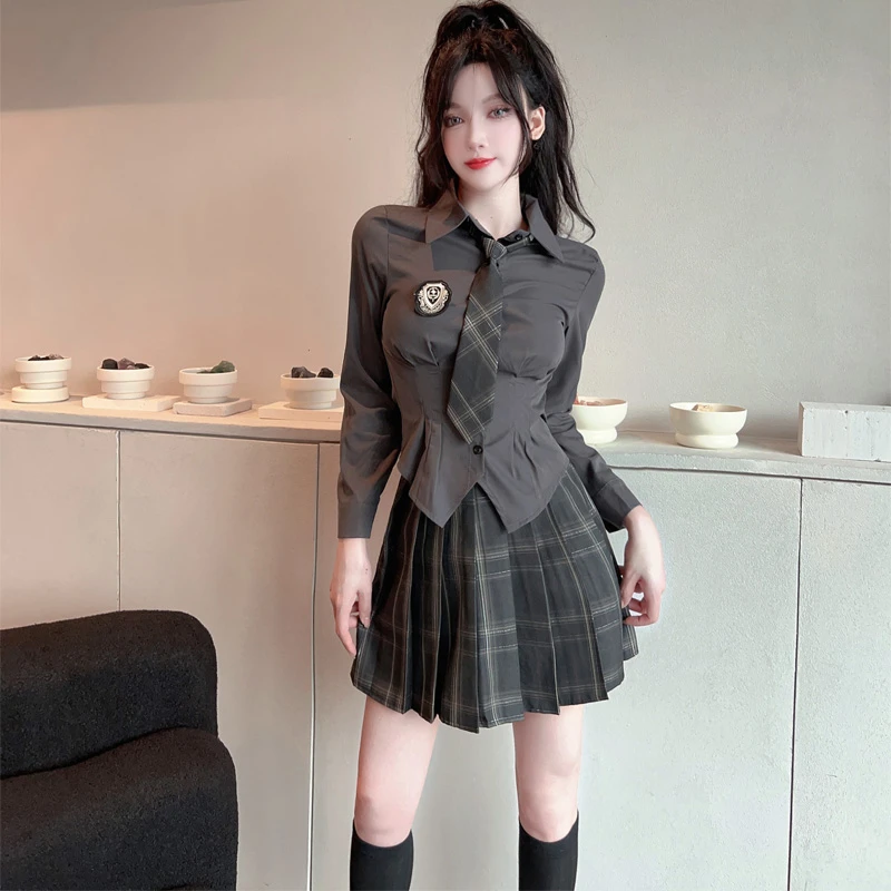 jk制服套装辣妹纯欲收腰日系学院风格纹春秋上衣女新款长袖两件套