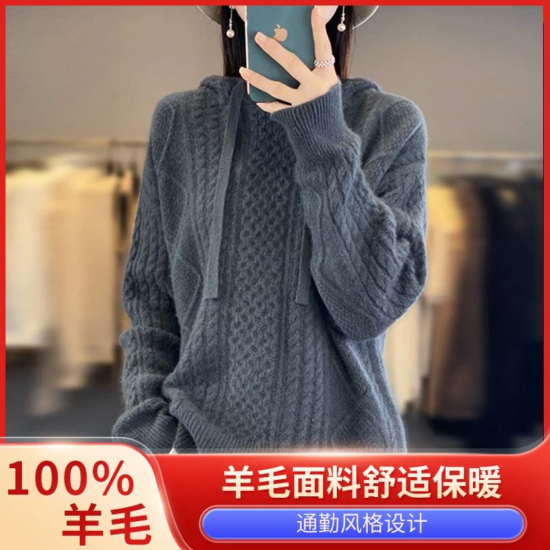 100%纯羊毛纯色羊毛衫连帽长袖针织衫女秋季新款减龄慵懒宽松上衣