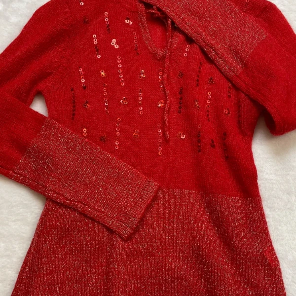 (MY)168蕾丝长袖百搭女士红色镂空羊绒7039