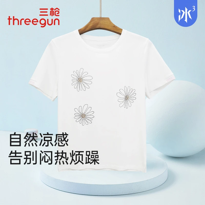 三枪T恤女夏季印花冰泉棉圆领短袖汗衫抗菌防紫外线女衫24374