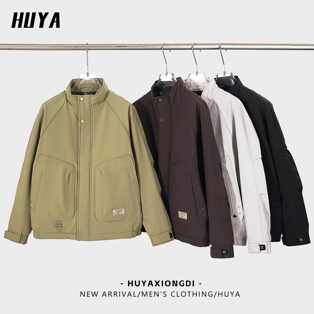 HUYA早秋新款美式复古简约百搭拉链字母贴标立领纽扣男棉服LT8808