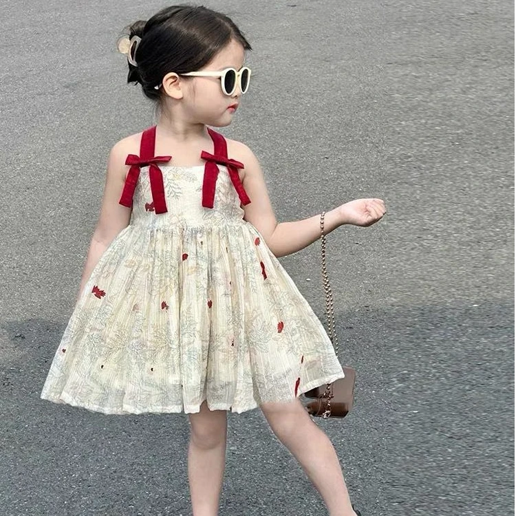 韩国童装2024夏季新款女童蝴蝶结吊带连衣裙女宝宝碎花无袖背心裙