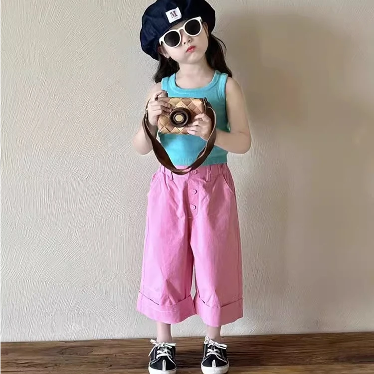 夏季新款套装女童针织背心韩版轻薄背心粉色阔腿裤洋气休闲两件套