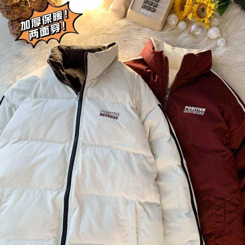秋冬新款两面穿棉服男女潮情侣棉袄加绒加厚设计感宽松运动羽绒服