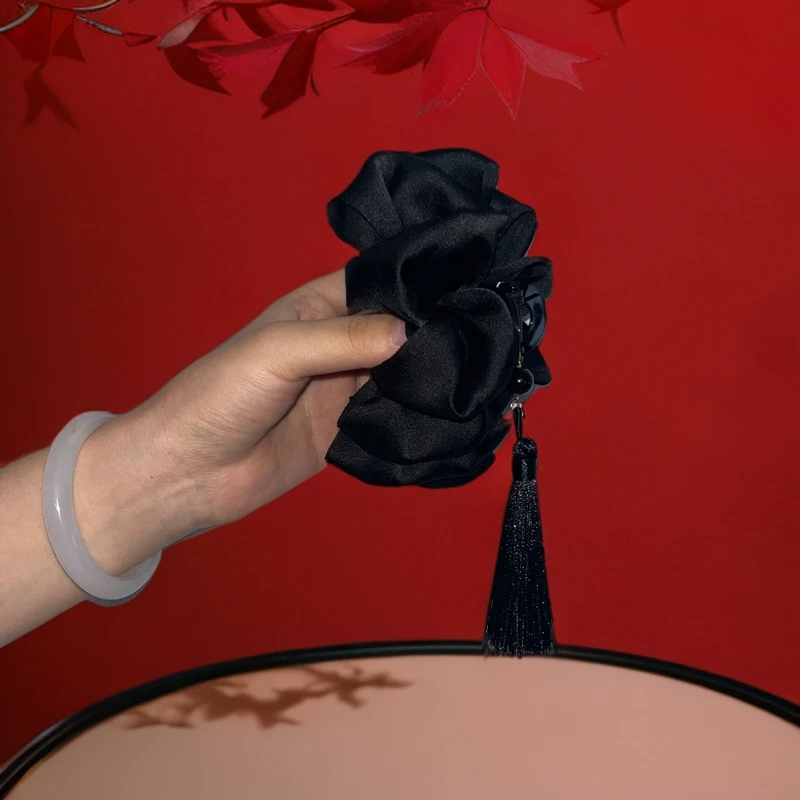 复古国风流苏发夹手工气质白色时尚百搭黑色法式秋冬缎面古法