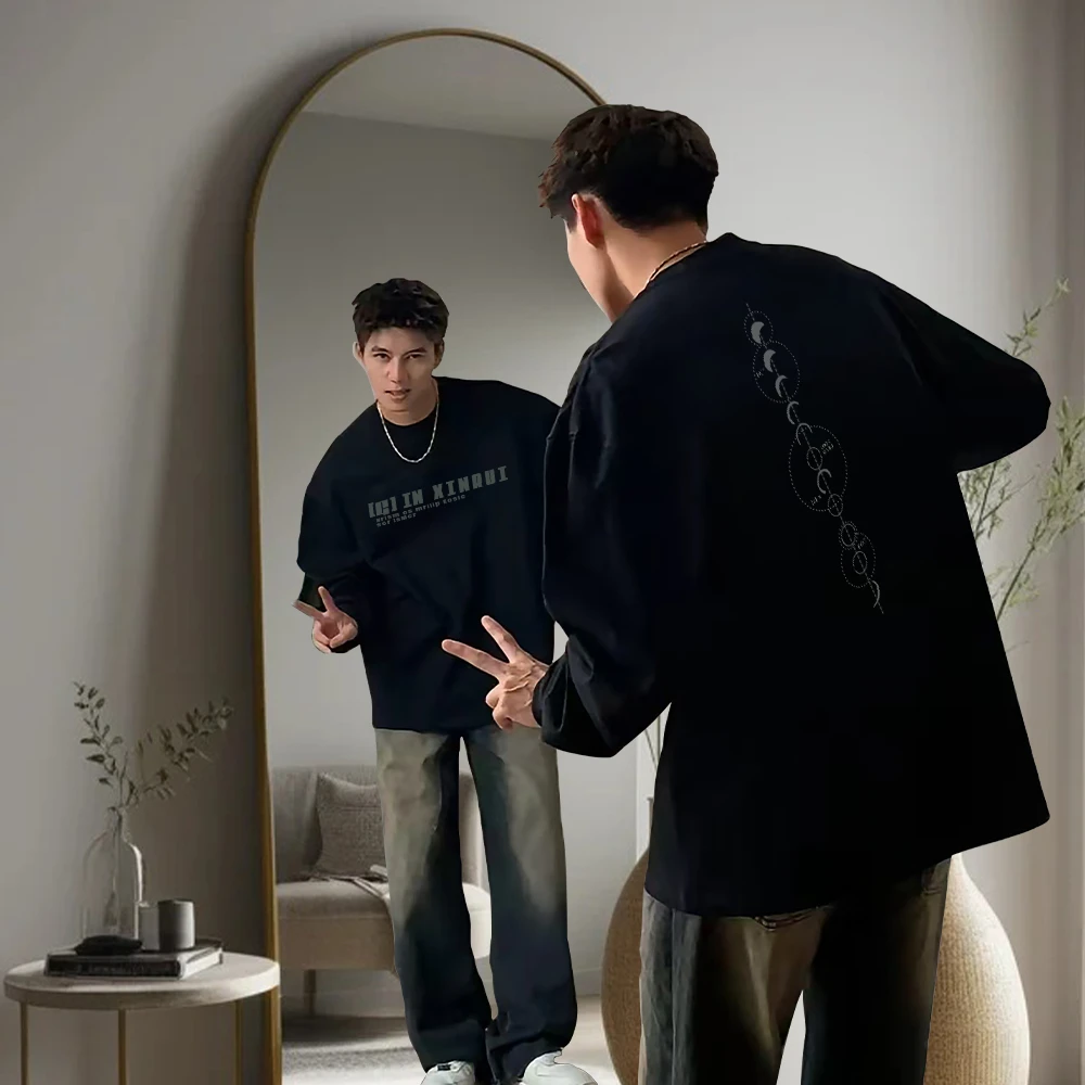 秋季新款小众简约百搭印花男女情侣款宽松圆领纯棉长袖T恤设计感