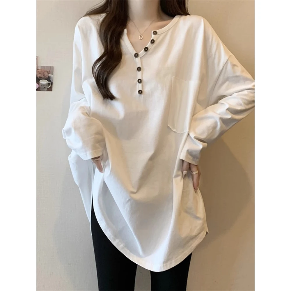 纯棉v领打底衫春秋冬季内搭中长款长袖T恤女宽松显瘦大码洋气上衣