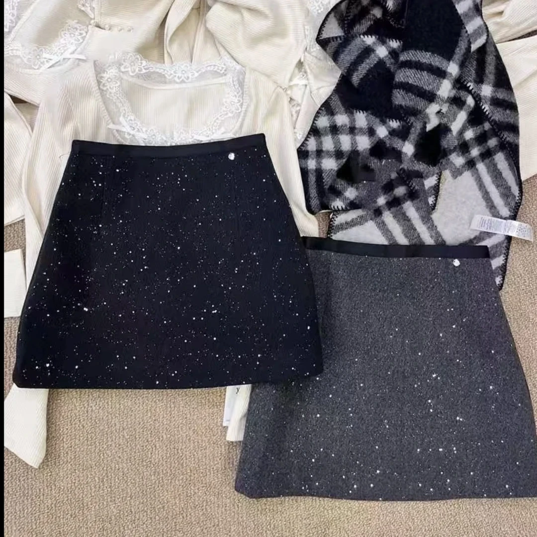 小香风闪闪重工亮片A字裙秋冬季女装加厚毛呢半身裙高腰包臀短裙