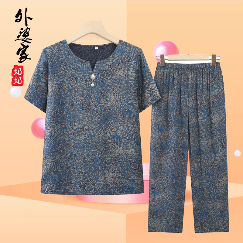奶奶夏装套装中老年女装短袖T恤女老年人衣服夏季妈妈装两件套
