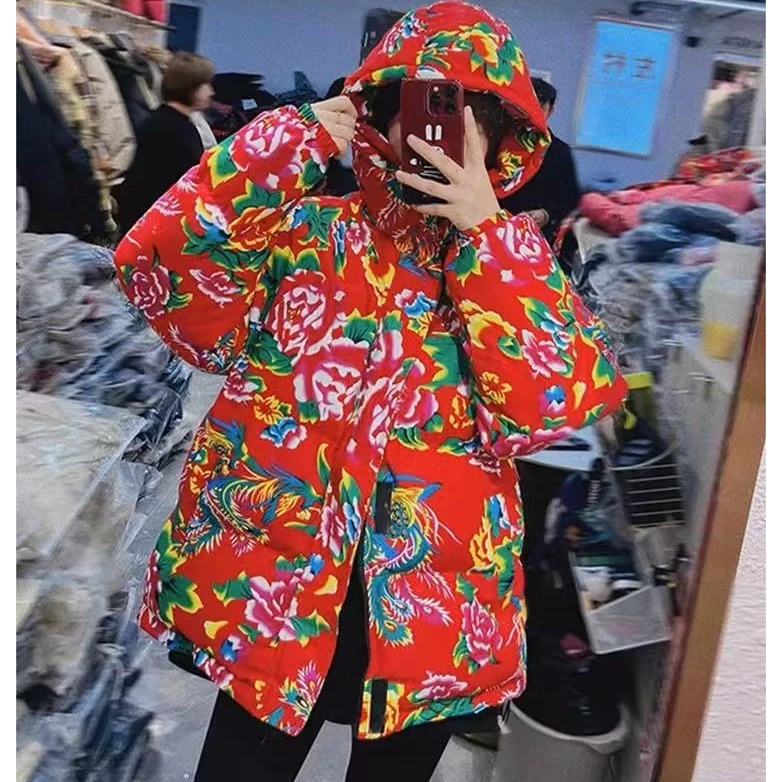 大码国潮东北大花中国棉袄男女款牡丹花冬季棉衣网红保暖棉服外套