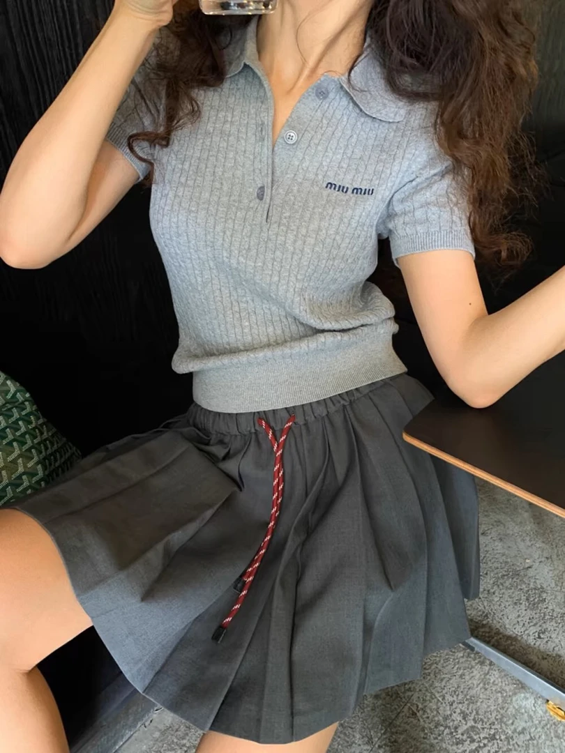 时尚大码女装韩系秋季新款时尚撞色抽绳松紧腰百搭减龄百褶裙女