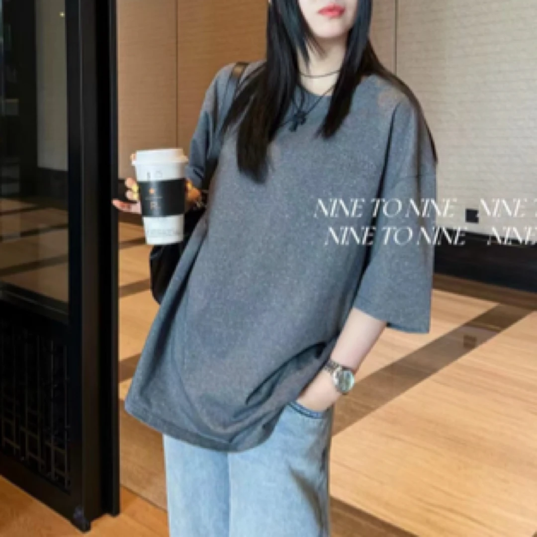2024春季新款巴家满奥地利水钻短袖潮牌宽松版型灰色半袖