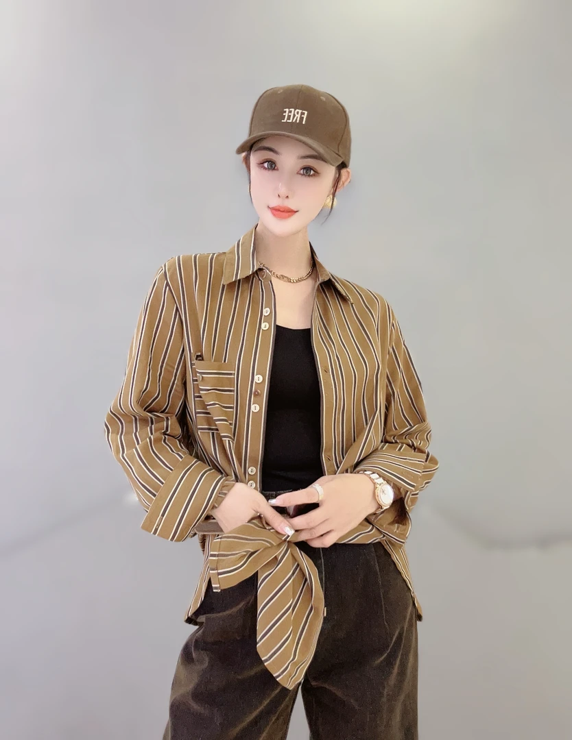 时尚条纹长袖衬衫韩版宽松双口袋设计感衬衣上衣