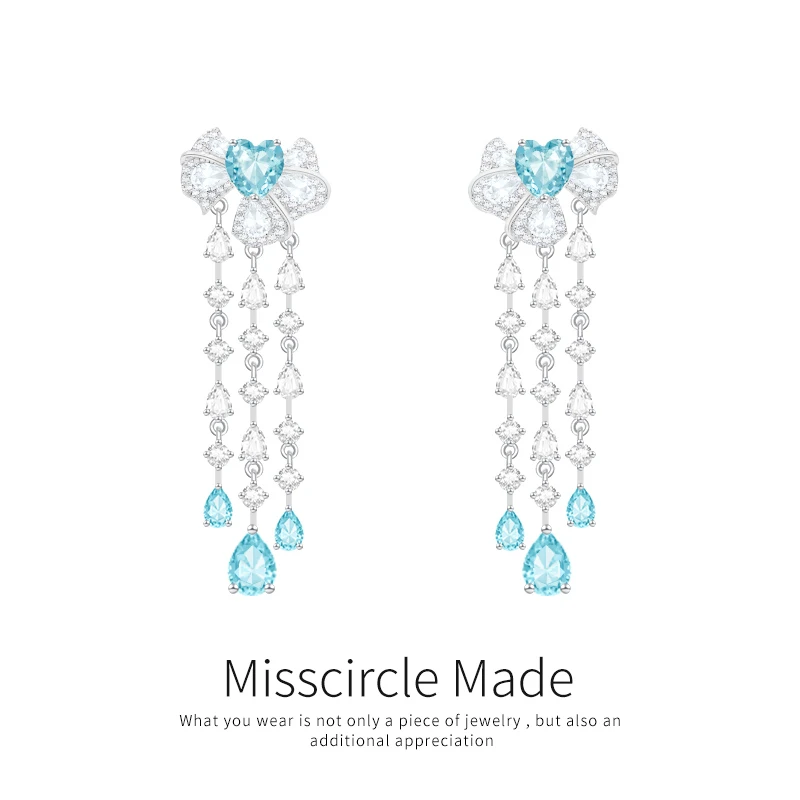 Misscircle Made 铜合金合成锆石耳饰 蓝色蝴蝶结流苏耳环女2667