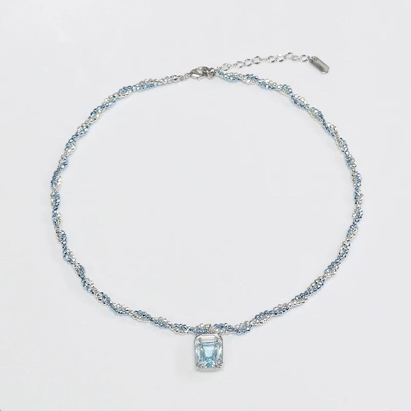 Misscircle Made 铜合金项链 蓝色方钻吊坠项链女锁骨链百搭0605