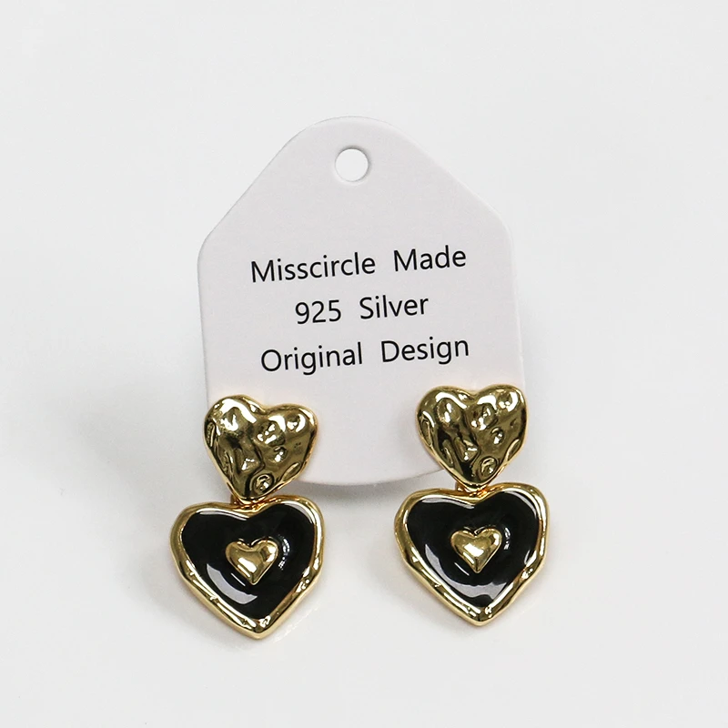 Misscircle Made 铜合金珐琅耳饰 法式复古黑色爱心耳环高级9136