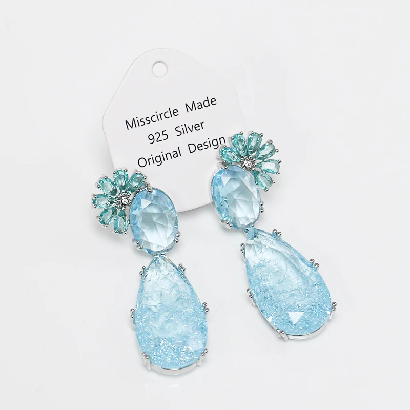 Misscircle Made 铜合金合成锆石耳饰 夏天透蓝水滴耳环气质0204