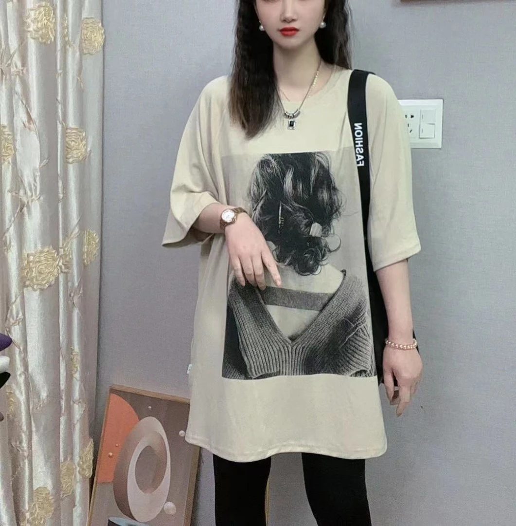 时尚洋气背影美女图圆领宽松慵懒风中长款韩版t恤百搭显瘦半袖t恤