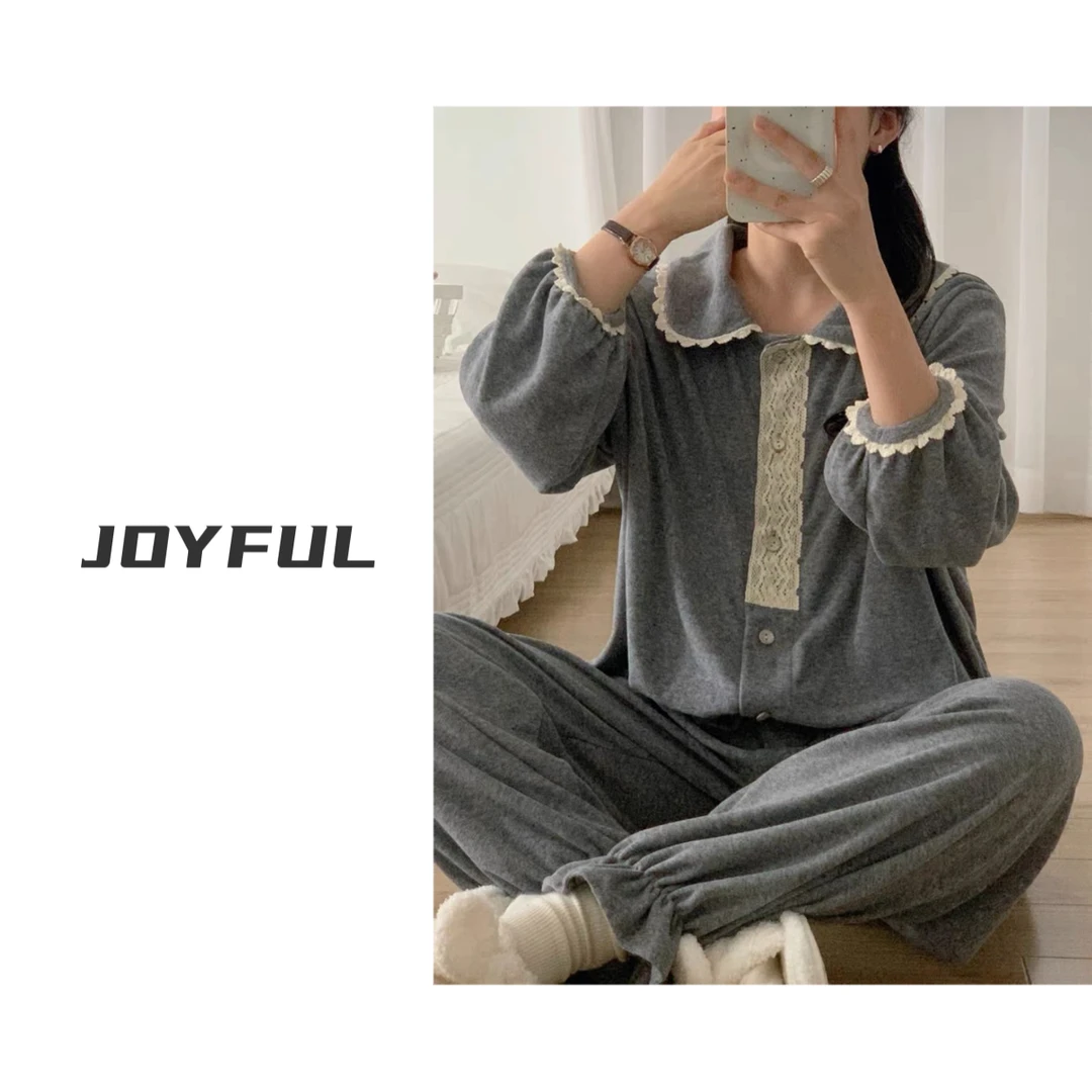 LELE-【公主晚安】秋冬新款睡衣套装蕾丝花边毛巾绒舒适女士甜美