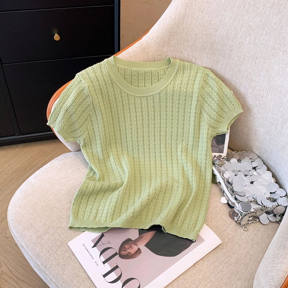 针织衫女短袖2025夏季新款圆领镂空轻薄短款打底百搭纯色上衣