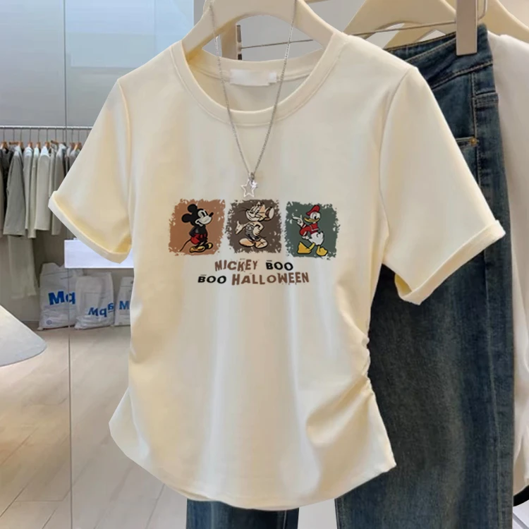 2025新款正肩纯棉圆领短袖t恤女设计感小众洋气侧边褶皱上衣夏季