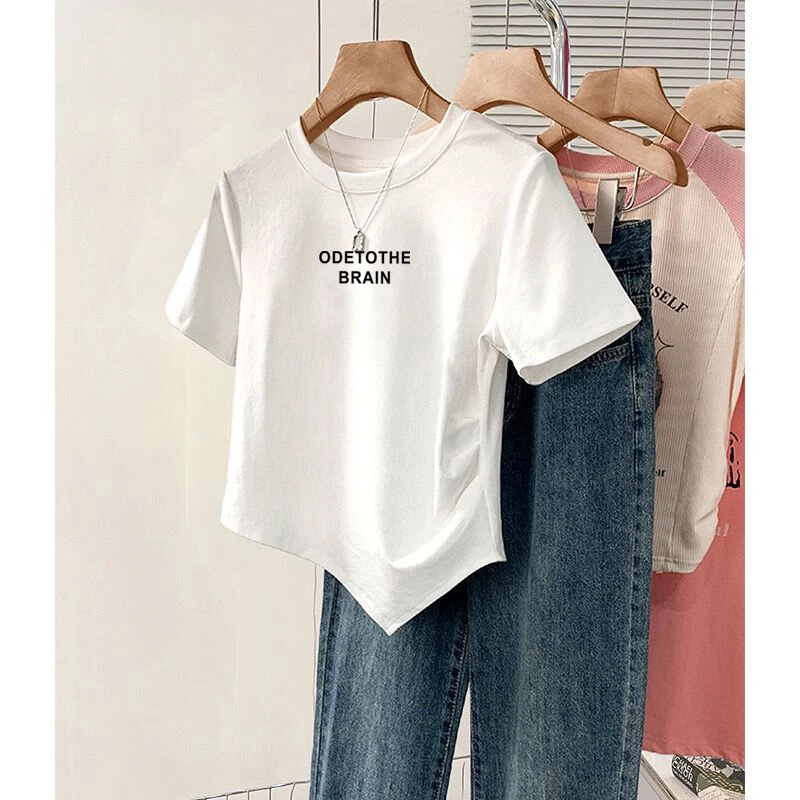 2024年新款不规则短款正肩短袖T恤女显瘦设计感小众白色上衣体恤
