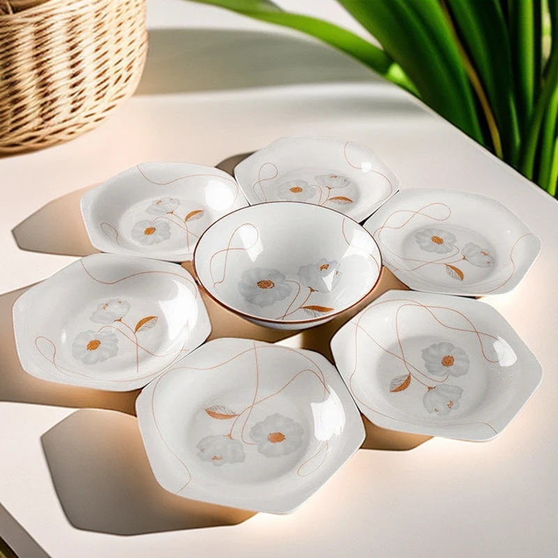 【7只装】岁月静好无边款釉下彩碗盘套装6个8英寸6角盘1个8英寸汤碗