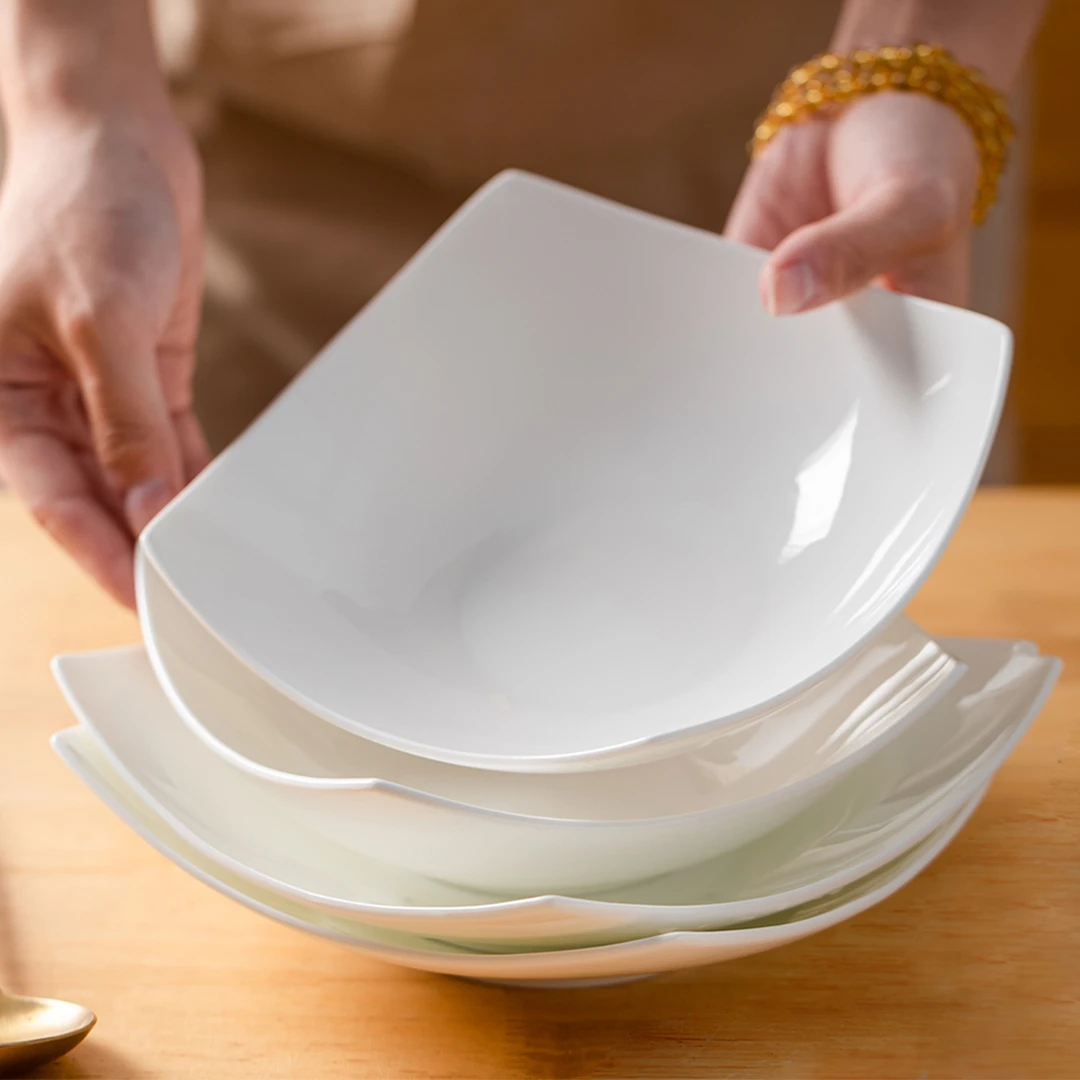 【4只装】北欧创意餐具碗景德碗白色翘角碗沙拉碗意面盘方形四角盘