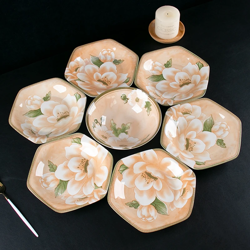 山茶花8英寸六角盘8英寸大汤碗家用饭碗盘子陶瓷釉下彩网红碟