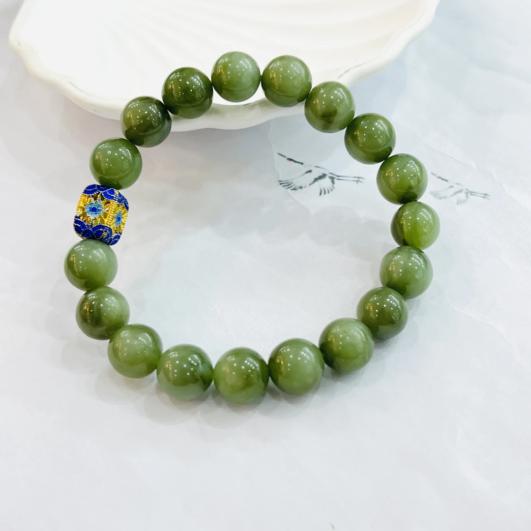 和田玉碧玉烧蓝镂空桶珠手串/多样性发其一