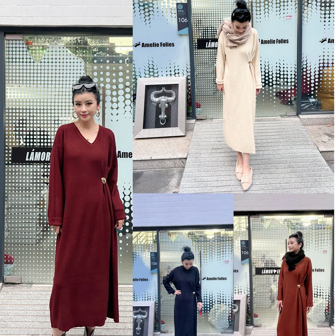 【庄喜儿Original】秋冬新款一粒扣显瘦气质针织连衣裙G002