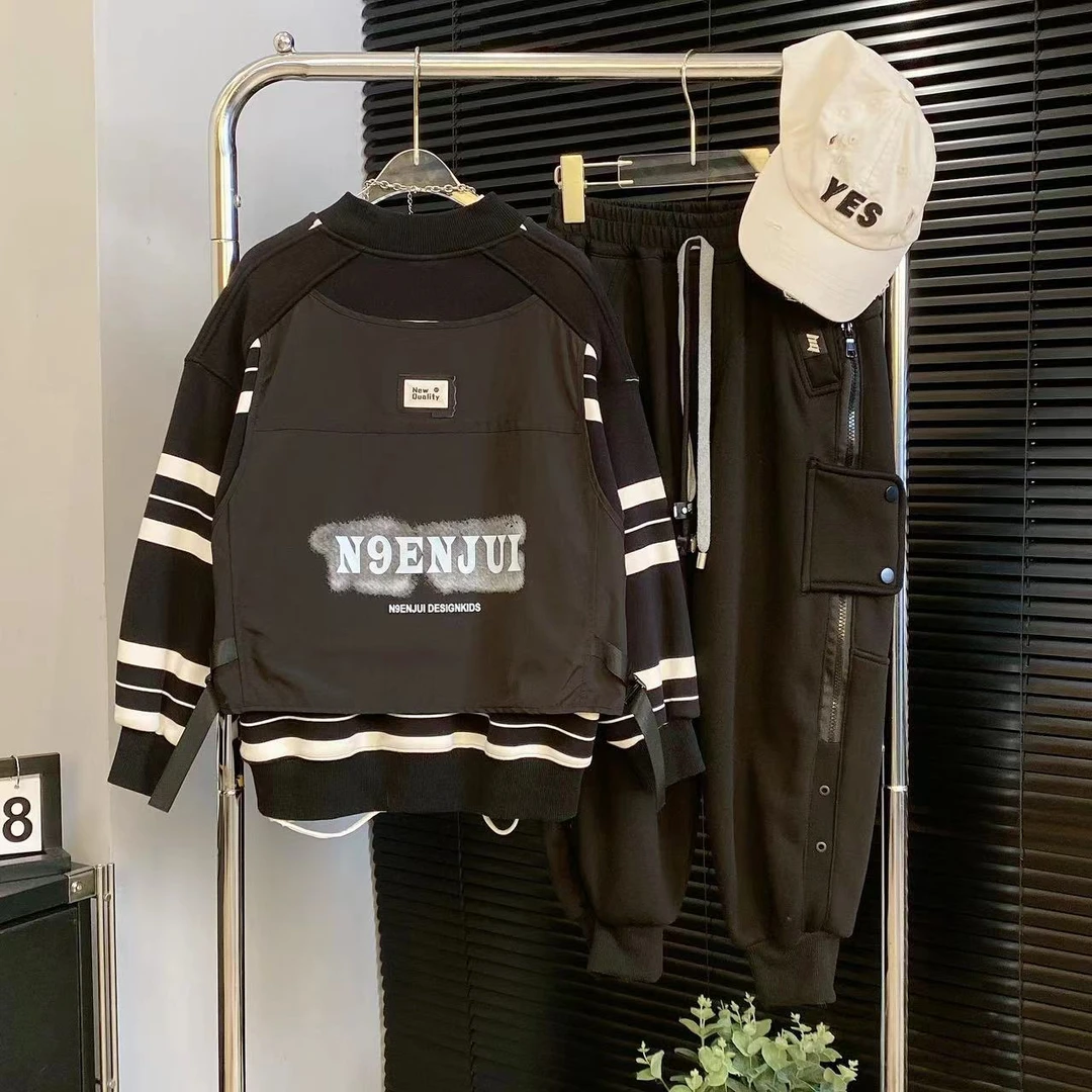 【嘟妈童装】儿童秋季假两件条纹卫衣男童长袖上衣2812