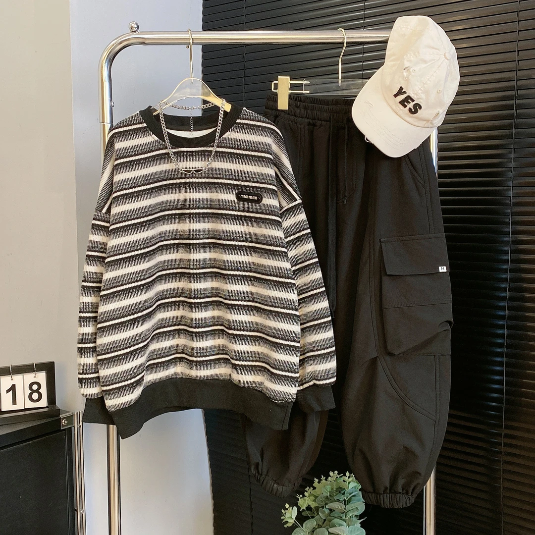 【嘟妈童装】2024儿童加绒条纹卫衣中大童休闲加厚打底衫5227