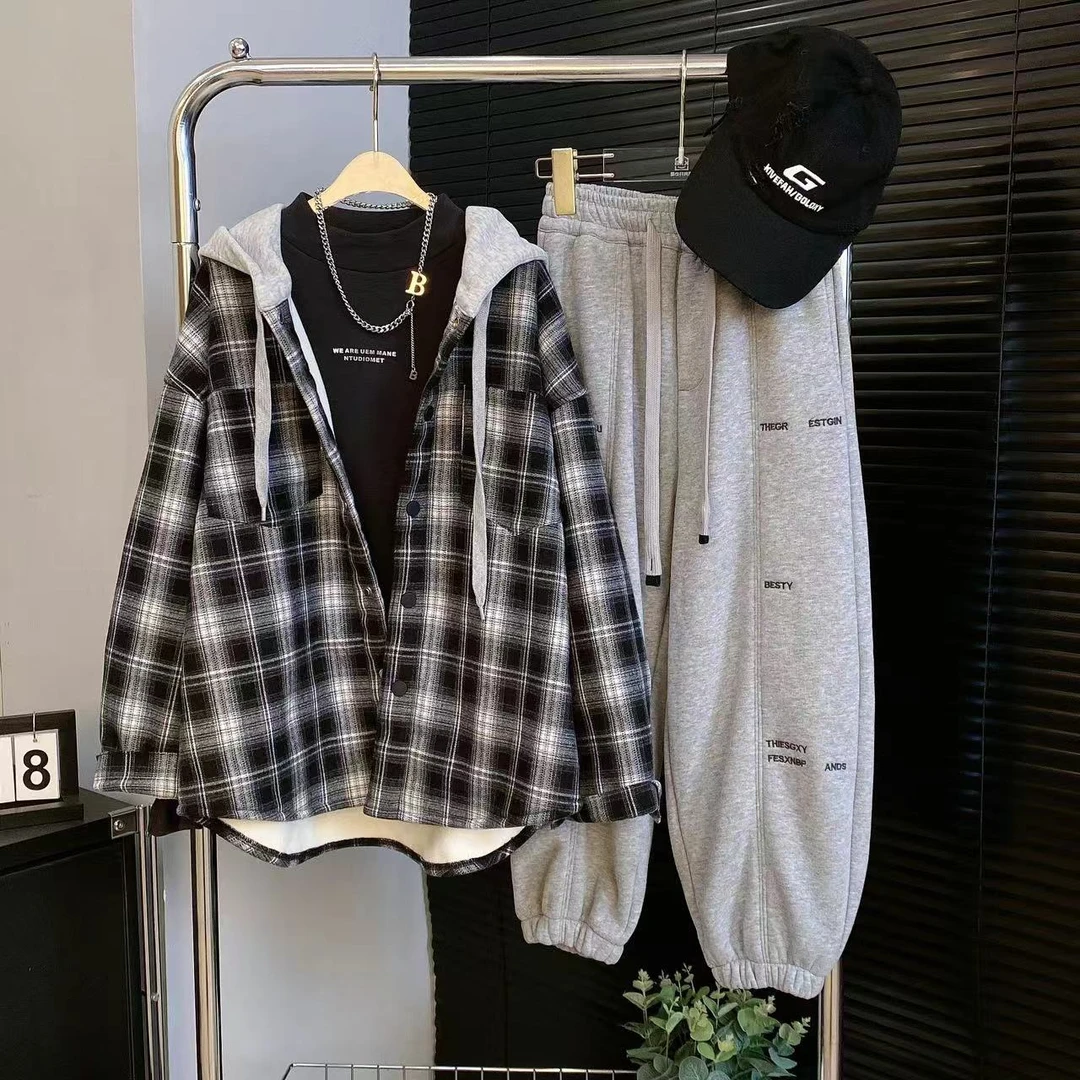 【嘟妈童装】男童冬季格子加厚连帽衬衫中大儿童加绒一体绒外套9857