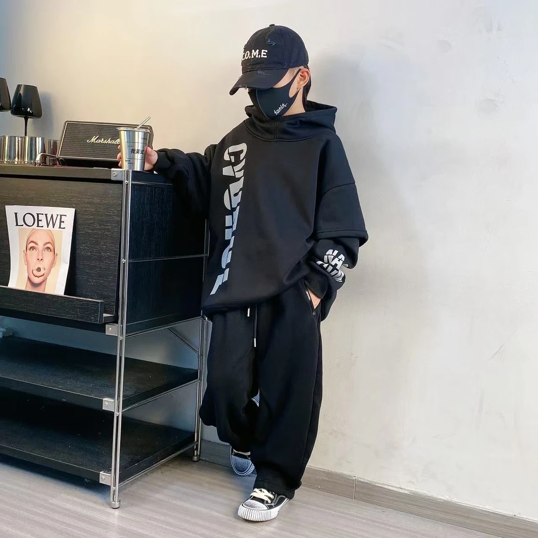 【嘟妈童装】 儿童加绒假两件帽衫中大童加厚连帽卫衣韩版1557