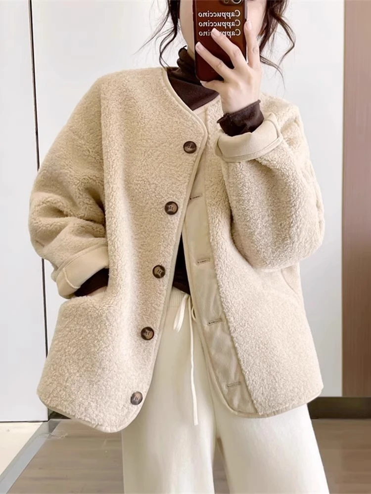 皮毛一体羊羔绒小香风外套女加厚秋冬2023新款加厚短款毛绒上衣