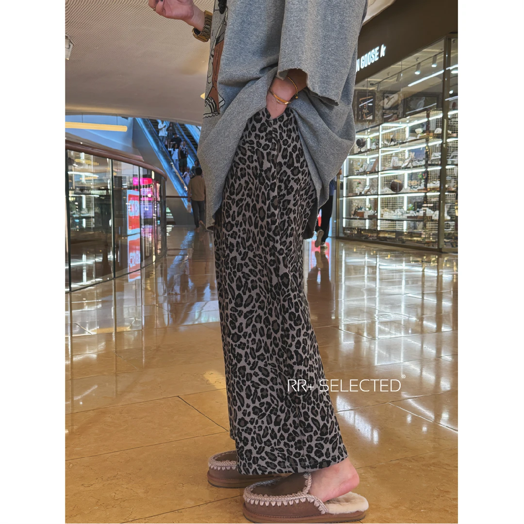 20262韩系气质豹纹直筒休闲裤女秋松紧腰弹力加绒阔腿裤