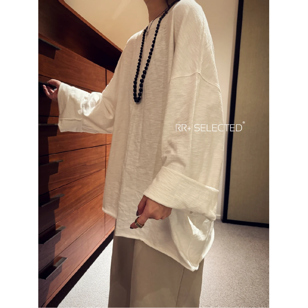 19703极简风百搭圆领长袖打底拼接线纯色廓形上衣