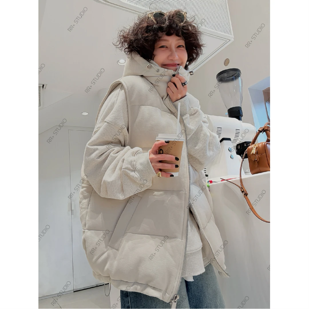 21597韩版纯色休闲连帽棉衣马夹女秋冬宽松保暖无袖外套