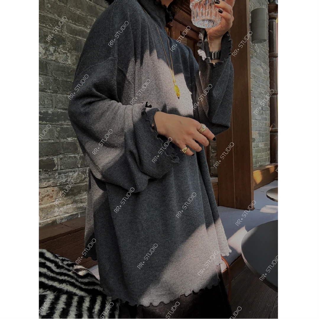 22111法式纯色半高领木耳边针织衫女秋冬纯色保暖内搭上衣