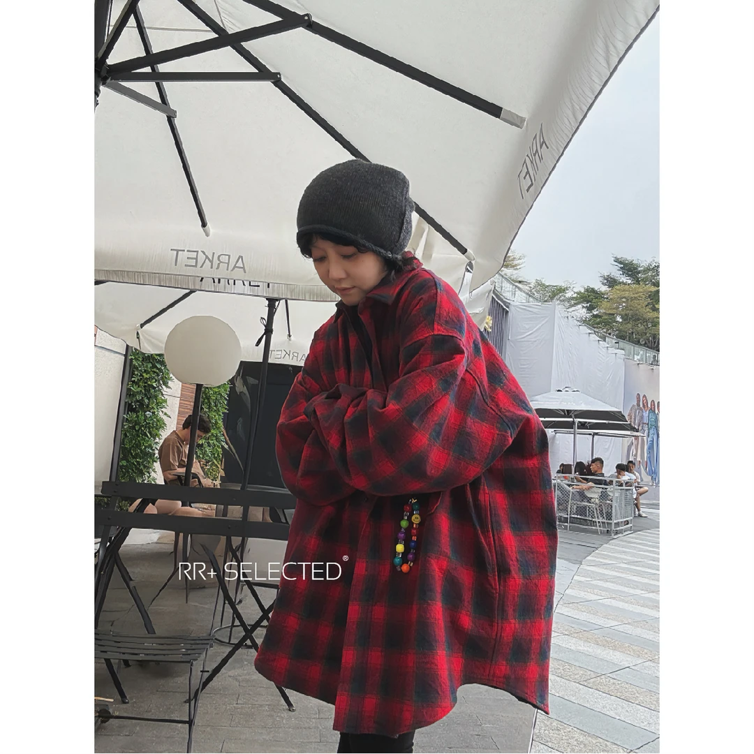 20613复古撞色格子长袖衬衫女秋宽松休闲廓形棉衣外套