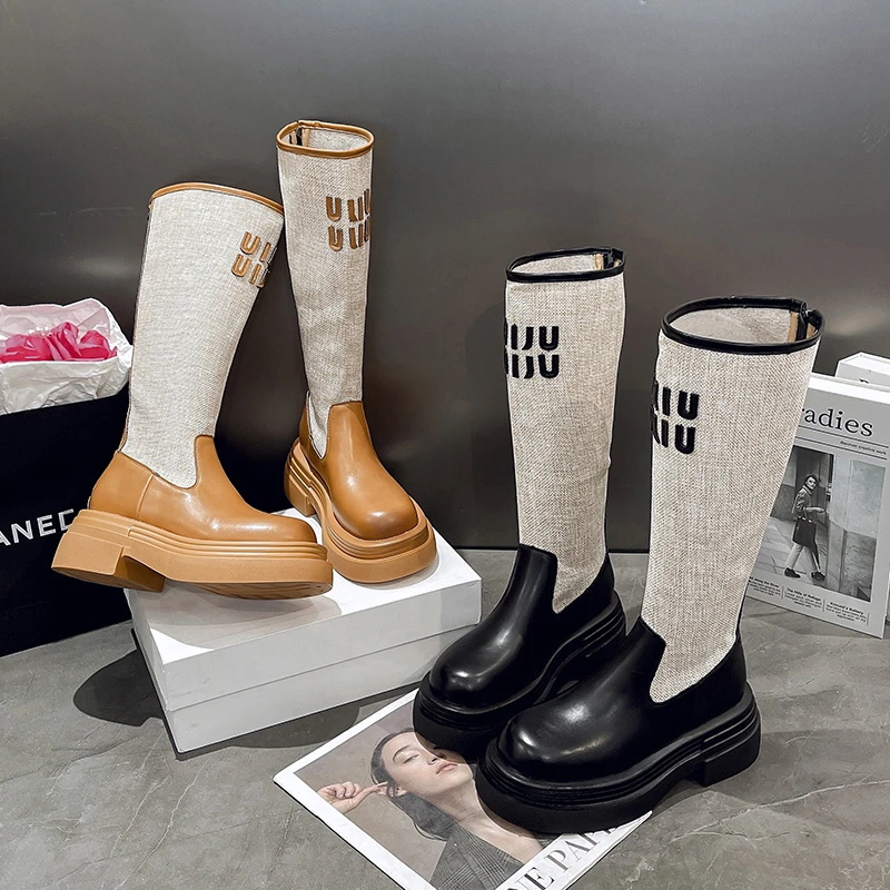 【兔兔专属】拼色西部牛仔靴女2024秋新款粗跟骑士靴网红时尚长筒靴