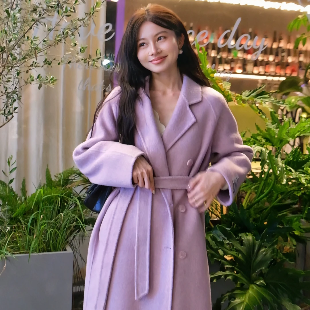 【花海邂逅】双面绵羊毛桑蚕丝兔毛插肩袖西装领大衣