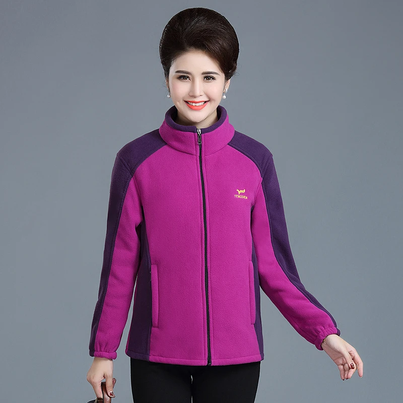 女款拼色气质摇粒绒外套大码中老年妈妈装抓绒衣卫衣拉链开衫